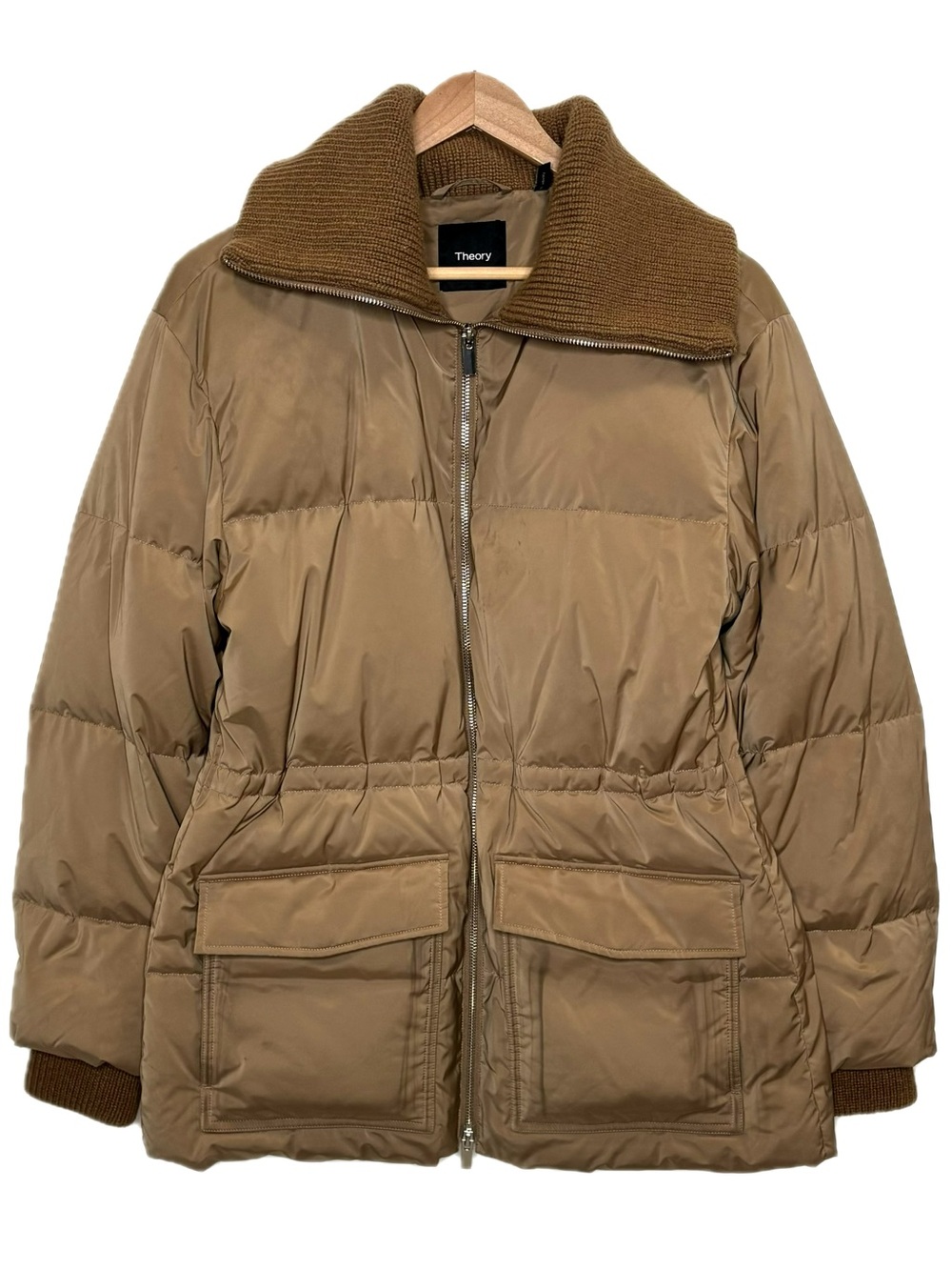 Theory Cozy Ribbed Collar Down Puffer Coat Womens Size M Tan Brown Cargo Pocket